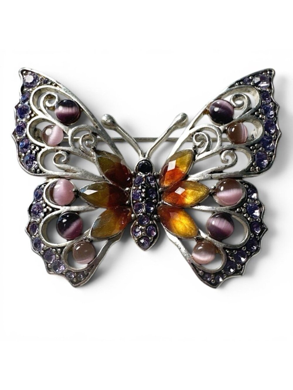 VINTAGE ESTATE RHINESTONE BUTTERFLY BROOCH Purple Gemstones Signed 2”